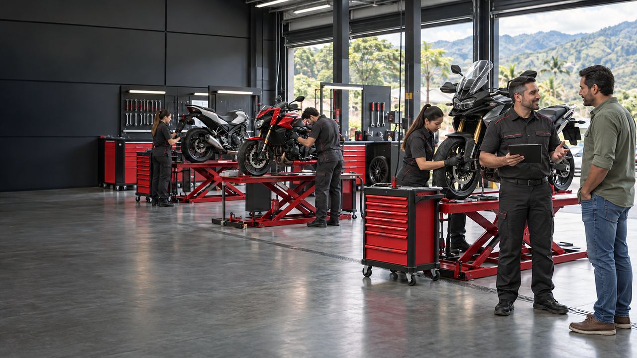 Taller con tres bahías de trabajo, mesas elevadoras rojas y gabinetes herramienteros