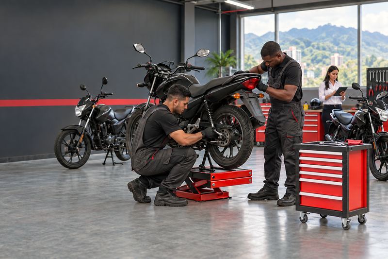 Técnicos haciendo mantenimiento a varias motos iguales en un taller amplio y ordenado