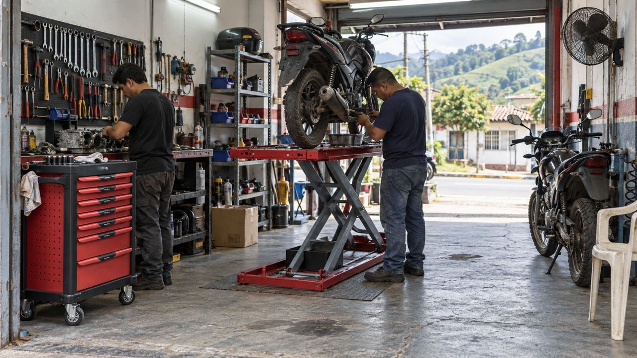 Taller de motos pequeño organizado: herramientero a un lado, mesa elevadora al centro y la moto entrando desde la calle